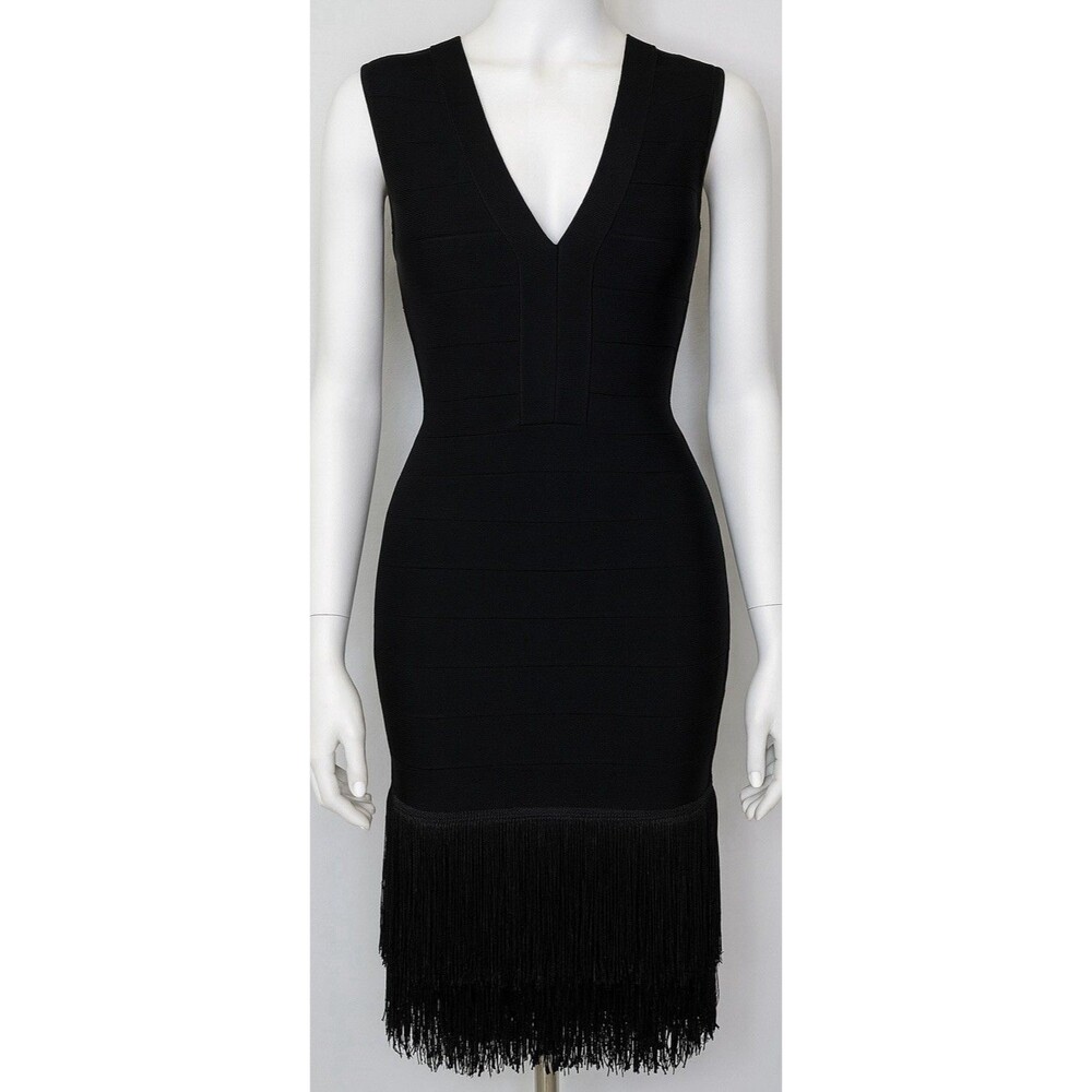 VENUS Black Bandage Bodycon Fringe Hem Cocktail Party Dress 2 -Sleeveless V-Neck
